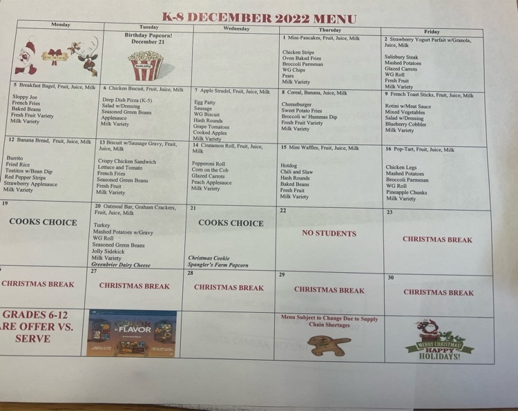 December lunch menu 