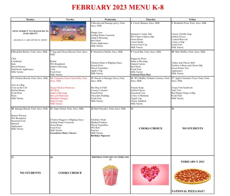 lunch menu February