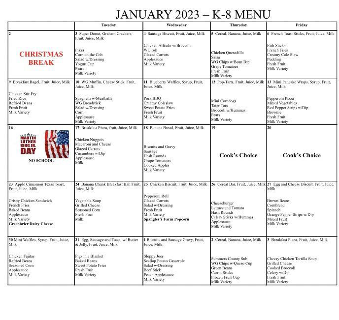 Jan 2023 menu